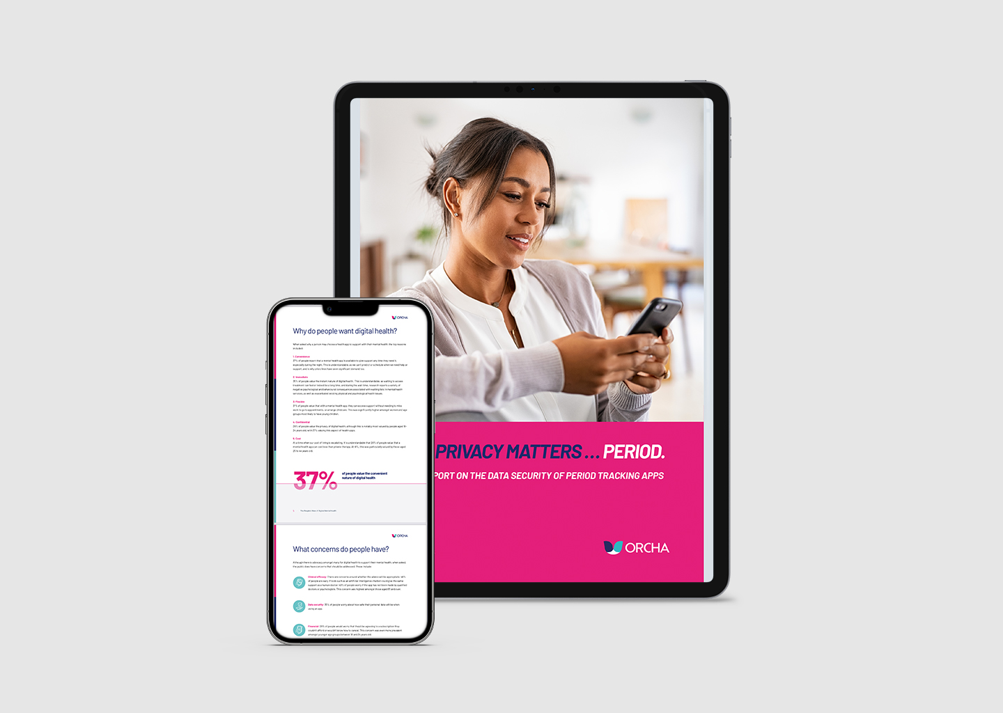 ORCHA period tracking apps report on an electronic tablet and smartphone