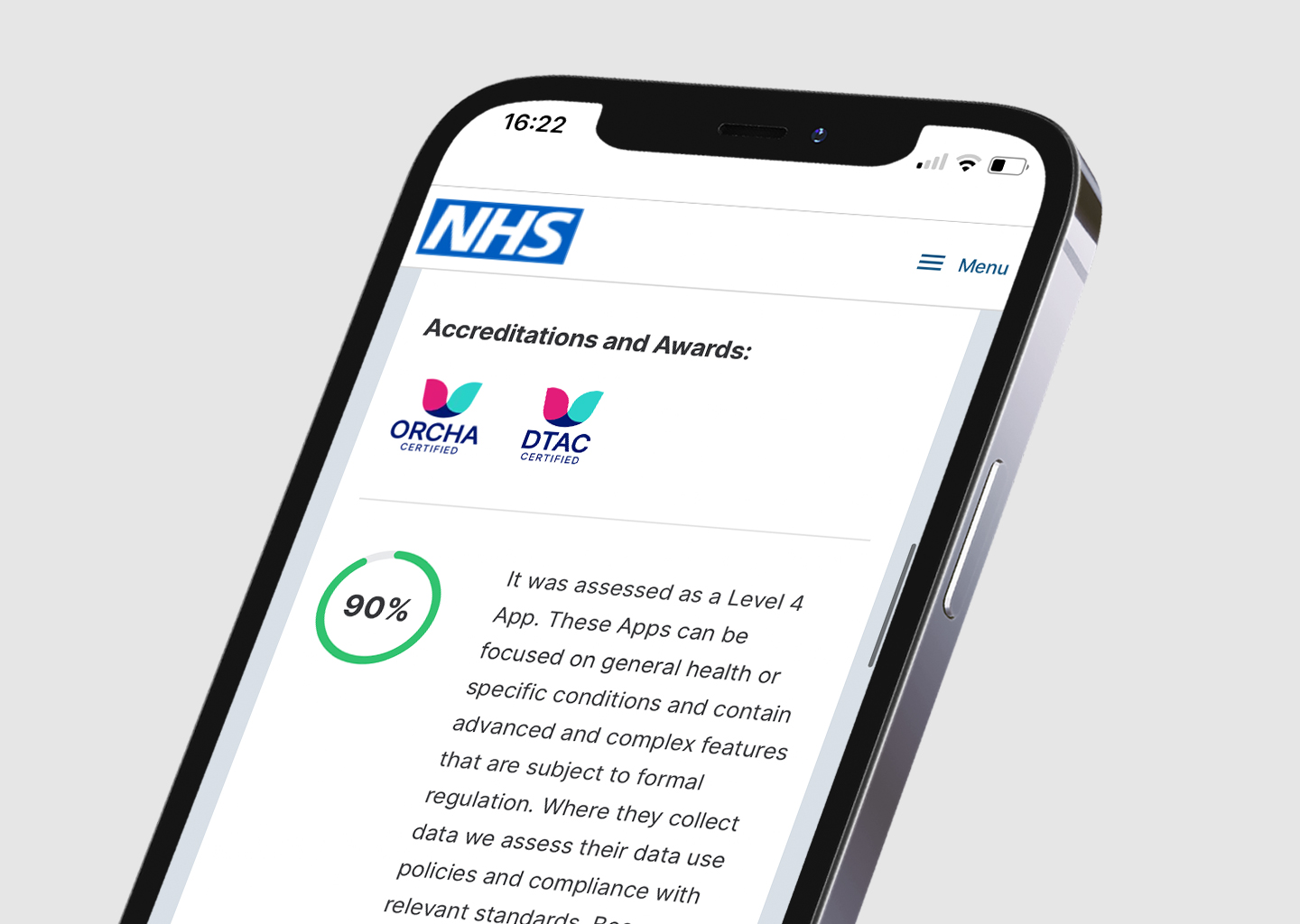 Mobile mockup of ORCHA Baseline Review (OBR) and Digital Technology Assessment Criteria (DTAC) accreditation badges